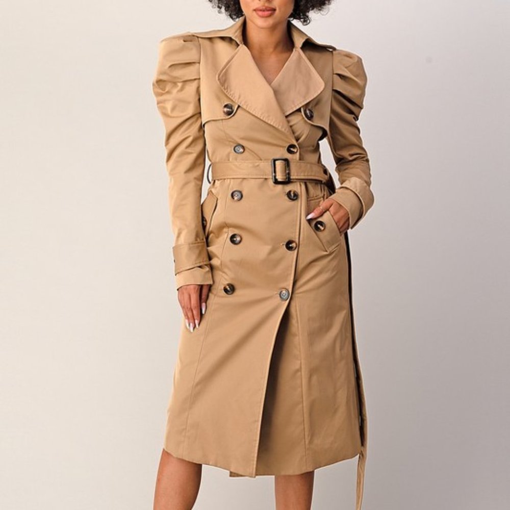 Double Breasted Puffed Shoulder Belted Trench Coat